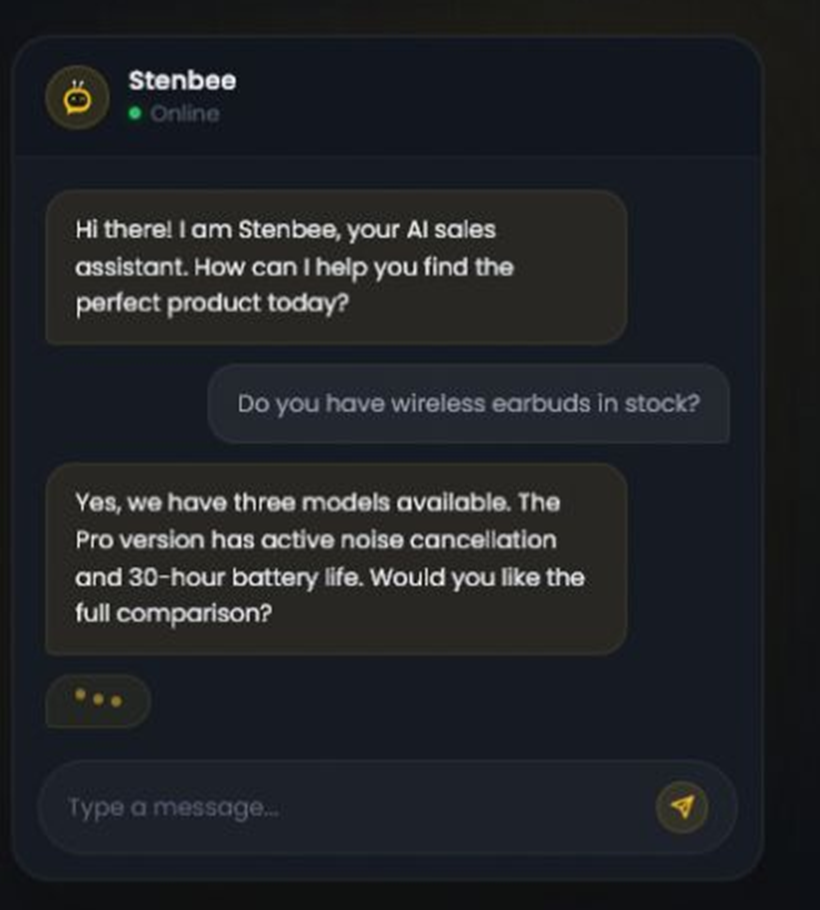 Stenbee AI sales agent answering a shopper's product question in a live chat